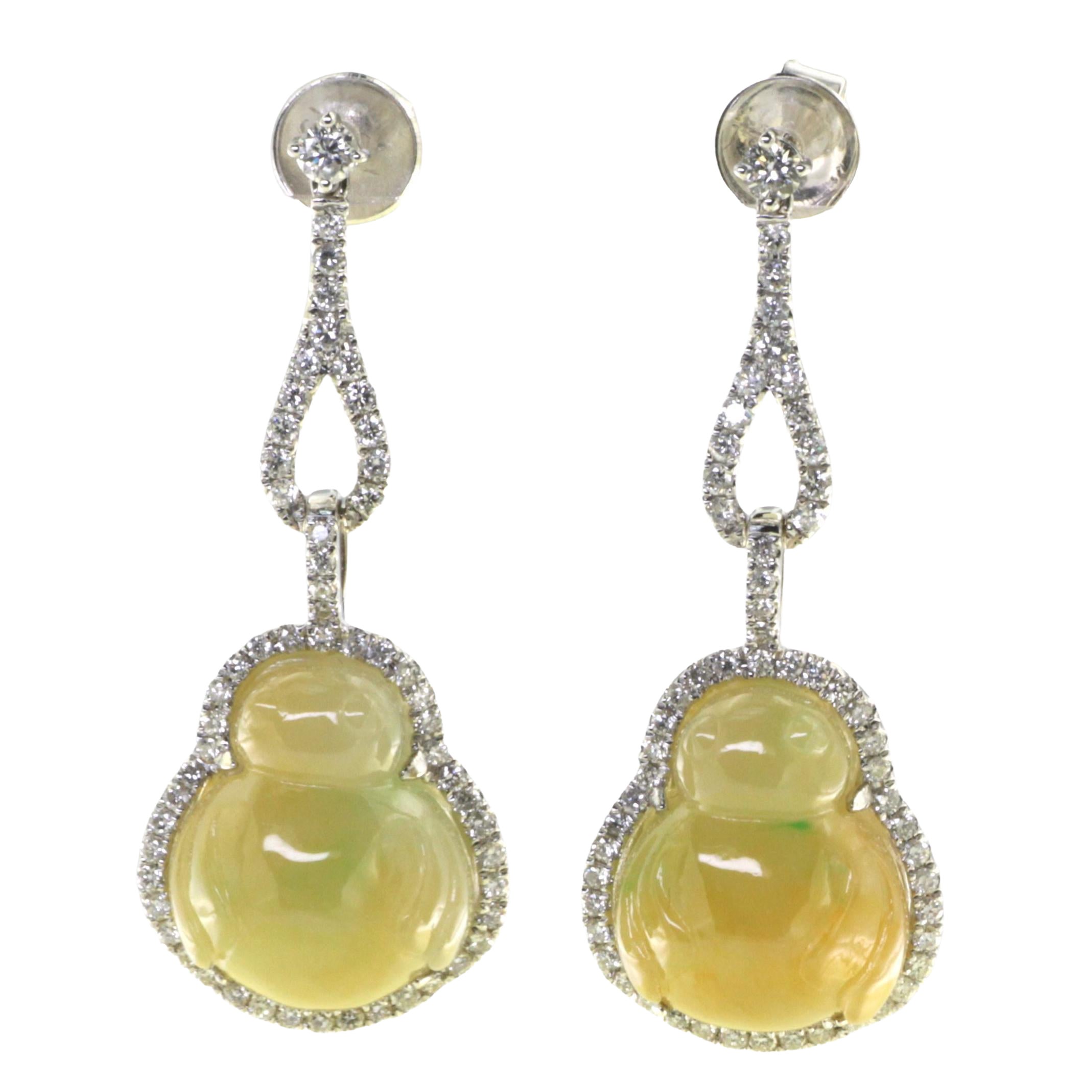 Yellow Jadeite and Diamond Dangle Earrings, 30.35ct in 18K White Gold