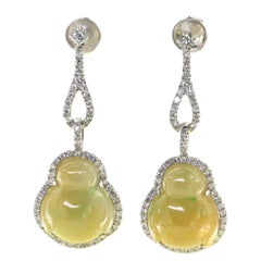 Vintage 30.35Ct Yellow Cicada Jadeite and Diamond Dangle Earring in 18K Gold