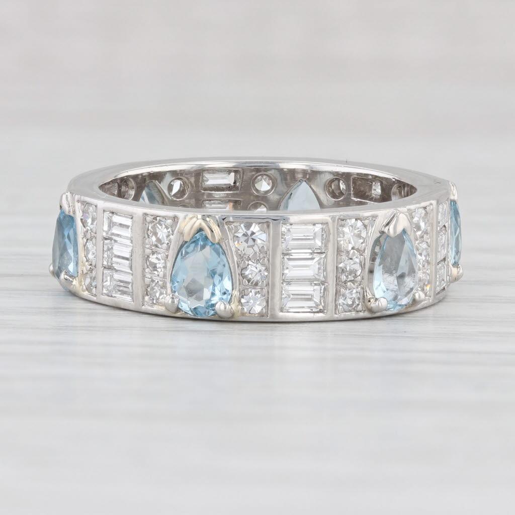 Pear Cut Vintage 3.03ctw Aquamarine Diamond Platinum Eternity Ring Size 9 Band For Sale