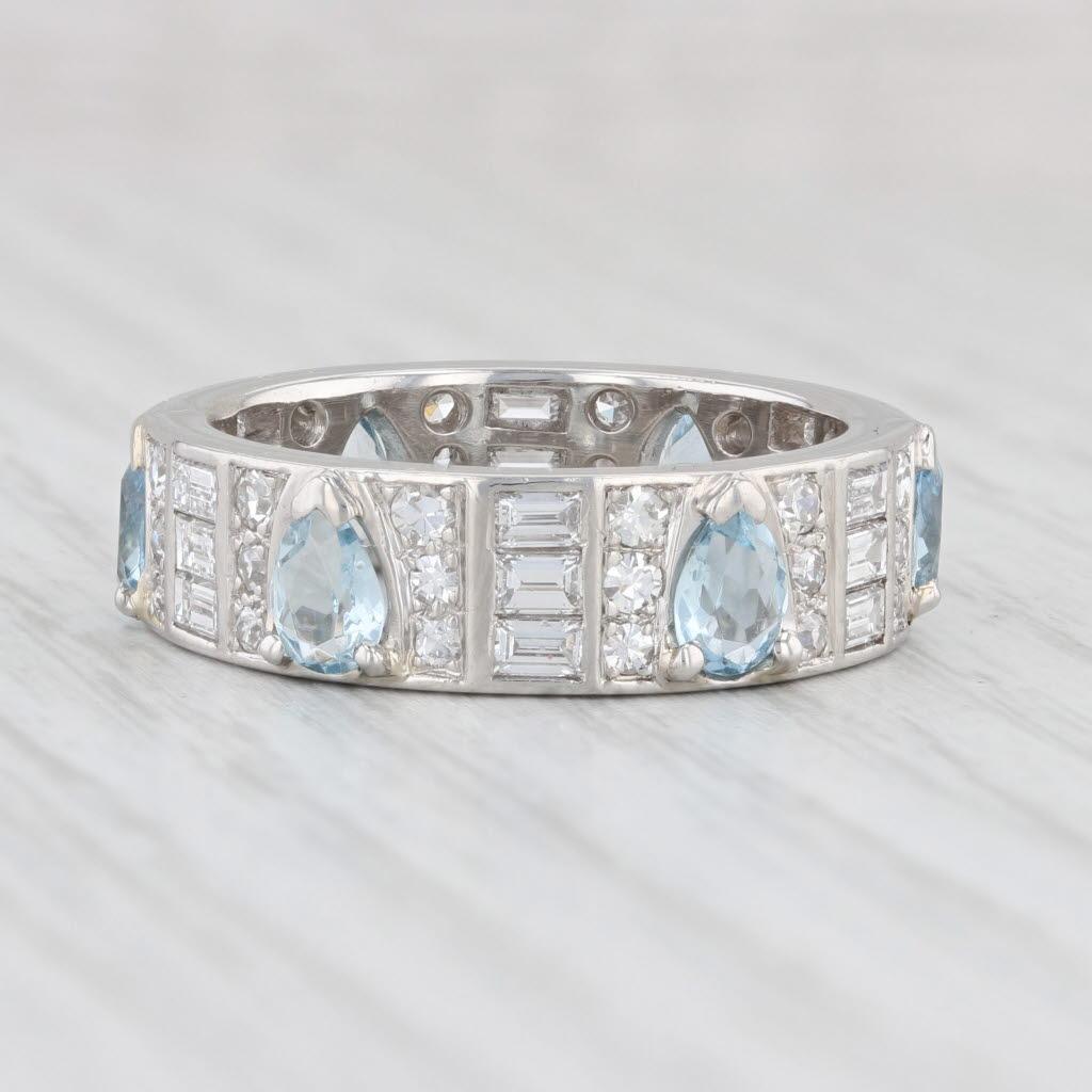 Vintage 3.03ctw Aquamarine Diamond Platinum Eternity Ring Size 9 Band In Good Condition For Sale In McLeansville, NC