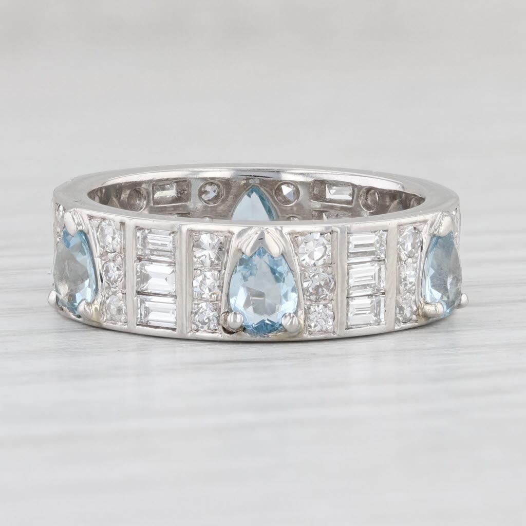 Vintage 3.03ctw Aquamarine Diamond Platinum Eternity Ring Size 9 Band Pour femmes en vente