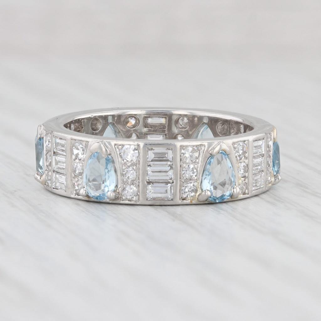 Vintage 3.03ctw Aquamarine Diamond Platinum Eternity Ring Size 9 Band For Sale 1