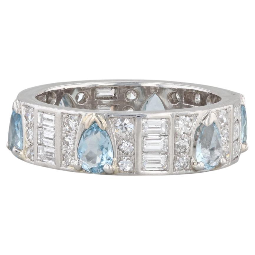 Vintage 3.03ctw Aquamarine Diamond Platinum Eternity Ring Size 9 Band en vente