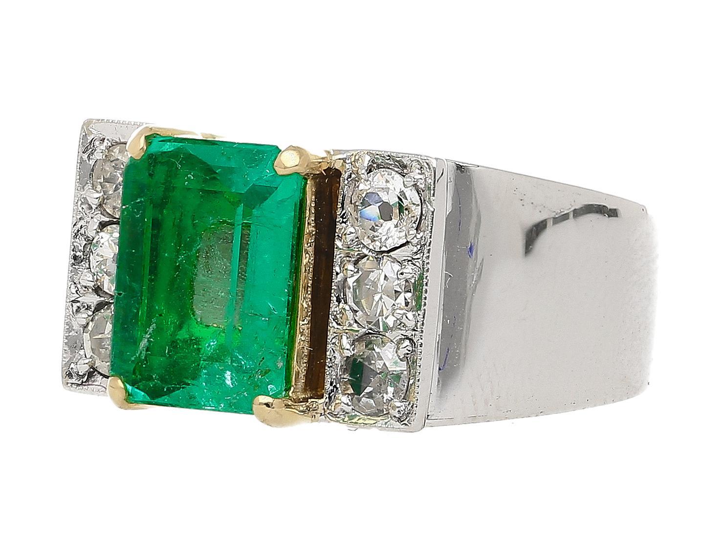 Emerald Cut Vintage 3.04 Carat Emerald & Old Cut Diamond 18K Wide Shank Mens Ring For Sale