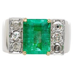 Vintage 3.04 Carat Emerald & Old Cut Diamond 18K Wide Shank Mens Ring
