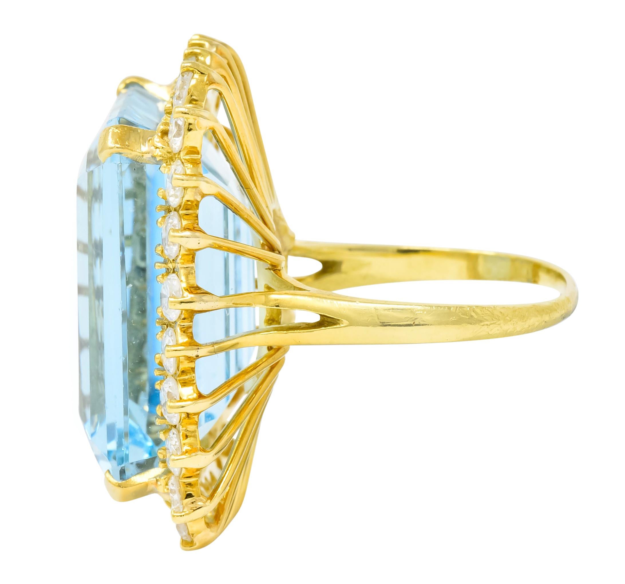 Vintage 30.50 Carat Aquamarine Diamond 18 Karat Gold Cluster Cocktail Ring In Excellent Condition In Philadelphia, PA