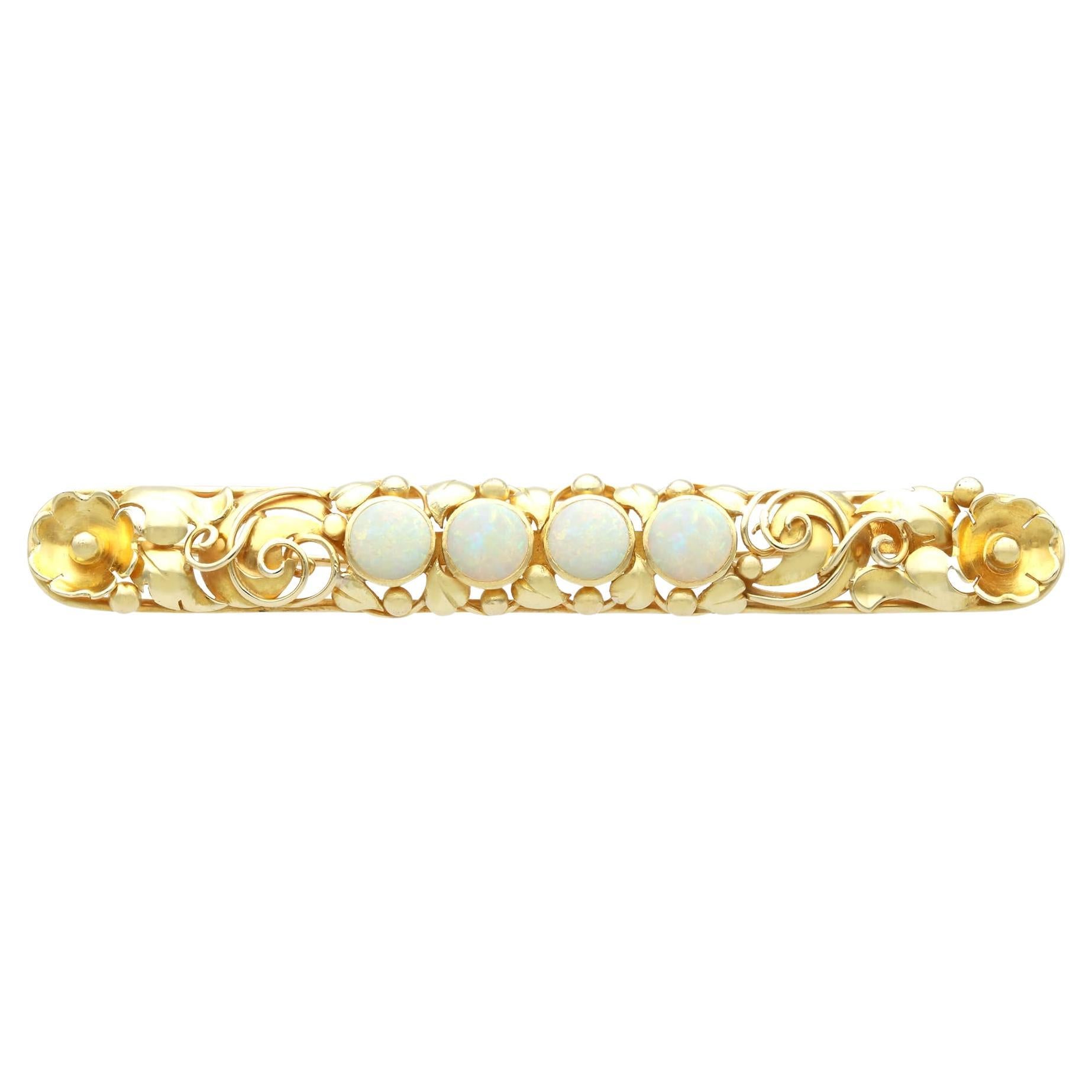 Vintage 3.05Ct Opal and 14k Yellow Gold Bar Brooch Art Nouveau For Sale