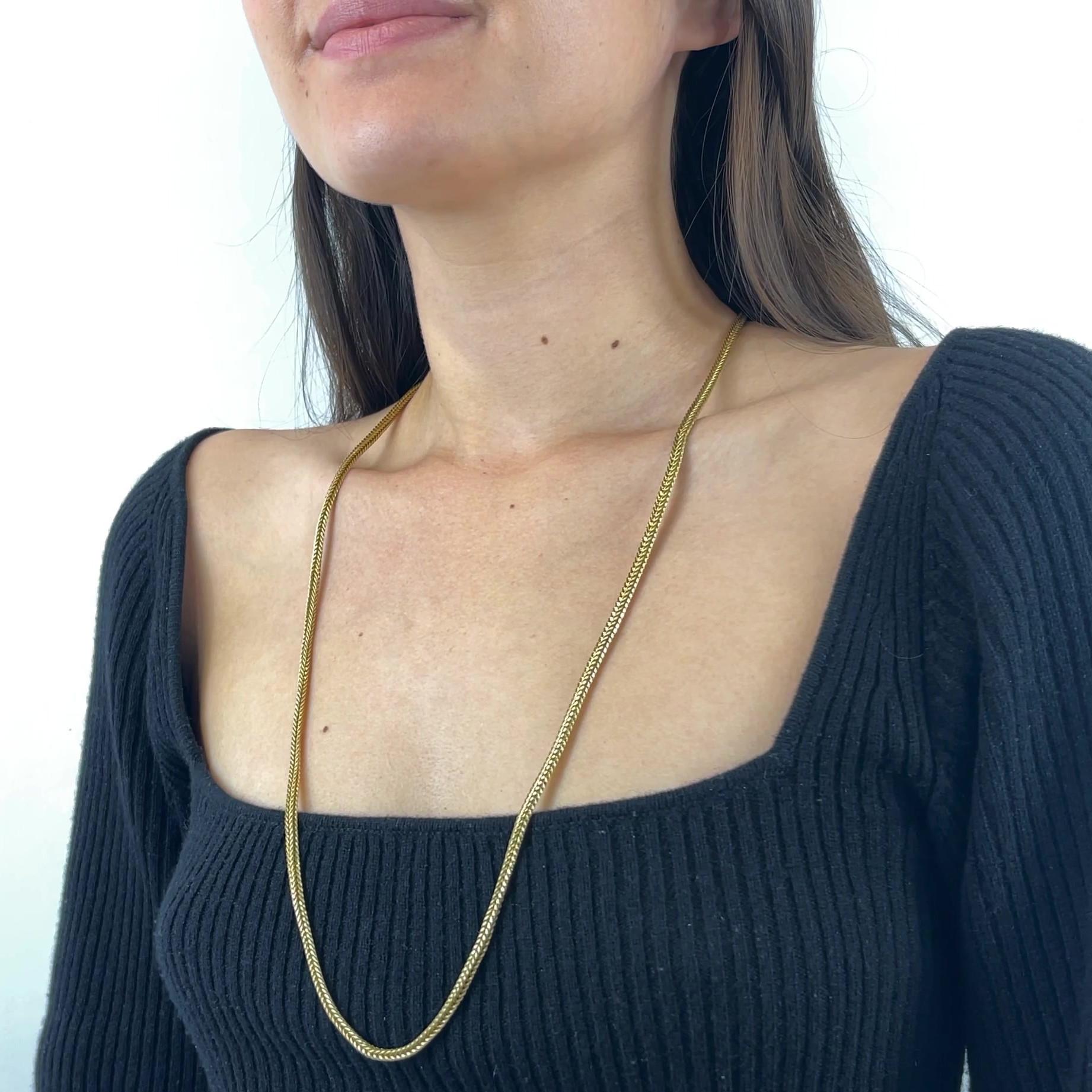 One Vintage 31 Inch French 18 Karat Gold Wheat Chain. Crafted in 18 karat yellow gold, with French hallmarks. Circa 1970s. The necklace measures 31 inches in length. 

About The Piece: True estate jewelry lovers are on a hunt for these long chain
