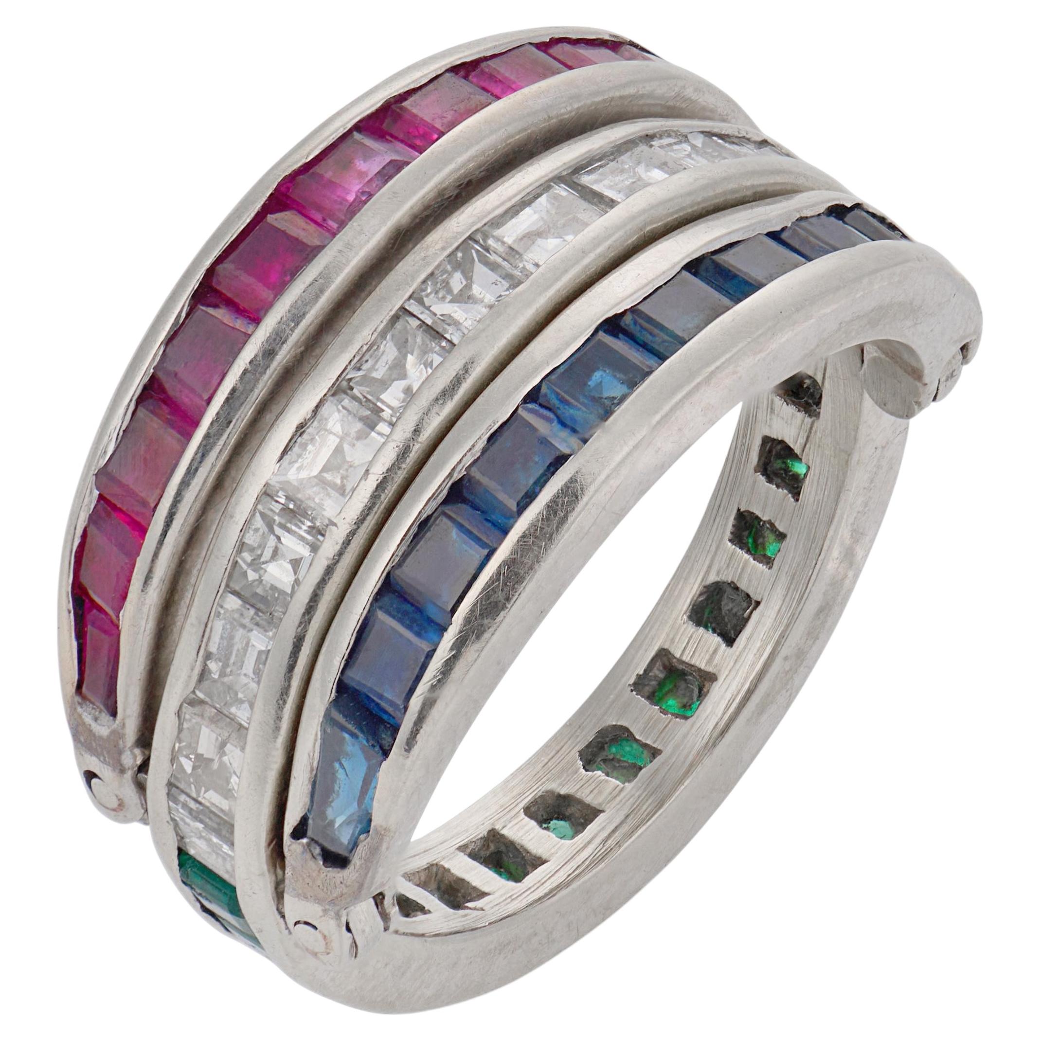 Vintage 3.10 carat diamond ruby emerald sapphire 14k white gold flip ring