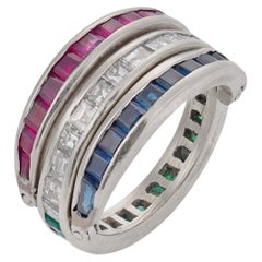 Vintage 3.10 carat diamond ruby emerald sapphire 14k white gold flip ring