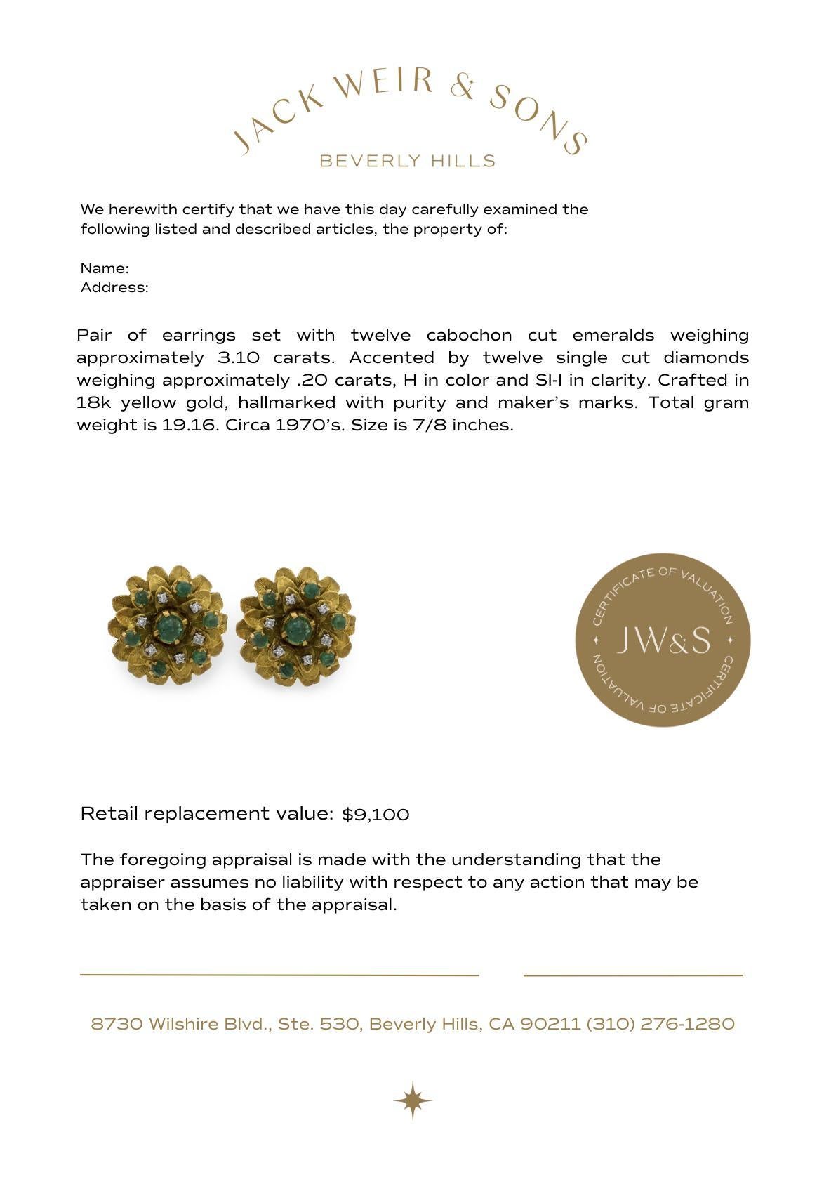 Orecchini a fiore d'epoca in oro giallo 18k con smeraldo e diamante da 3,10 carati in vendita 2
