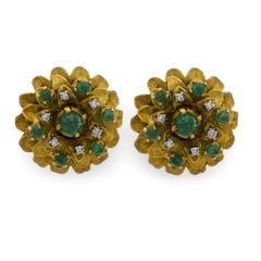 By Vintage 3.10 carat émeraude diamant or jaune 18k boucles d'oreilles fleur
