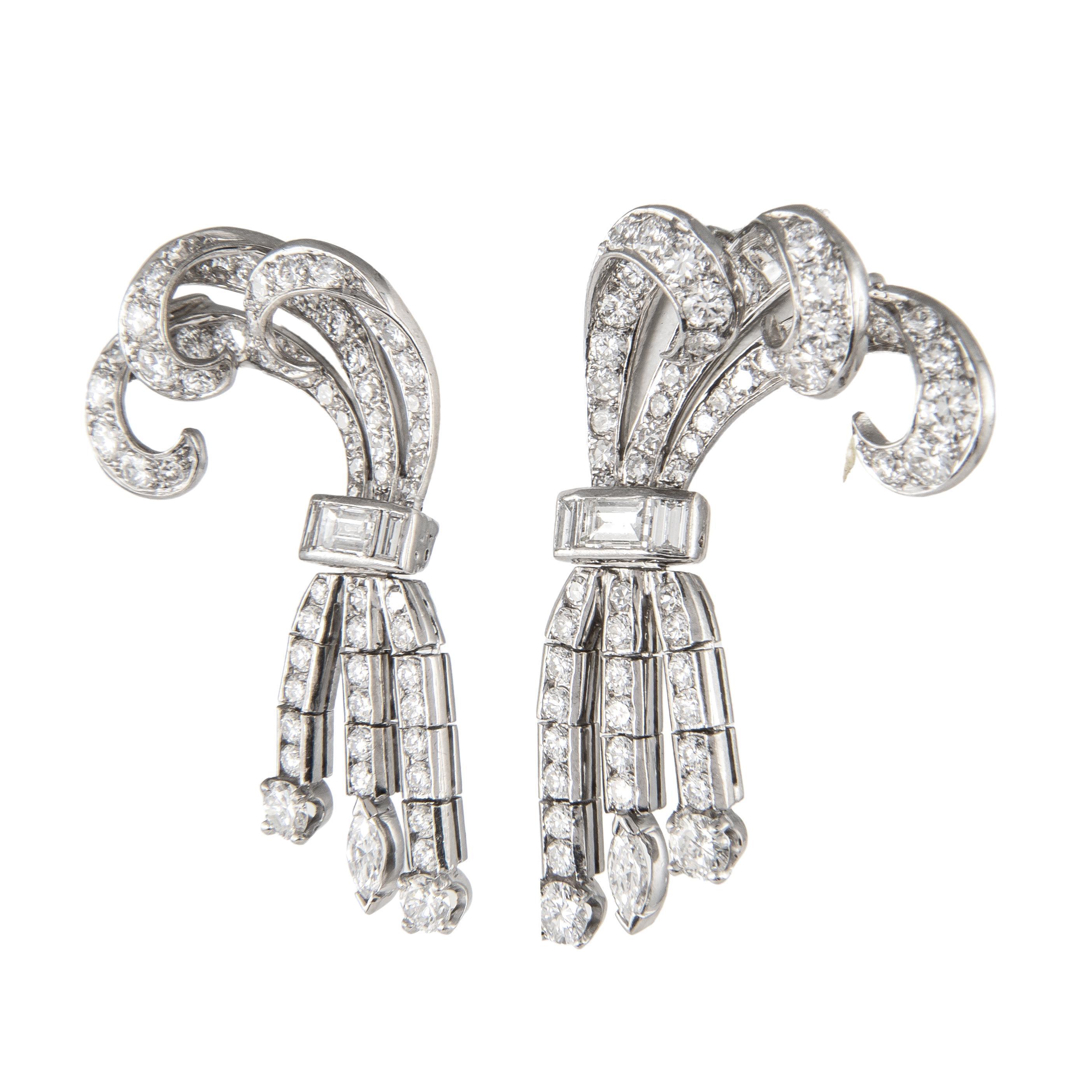 Art Deco Vintage 3.10ct Round, Baguette, & Marquise Diamond Ribbon Earrings Platinum For Sale