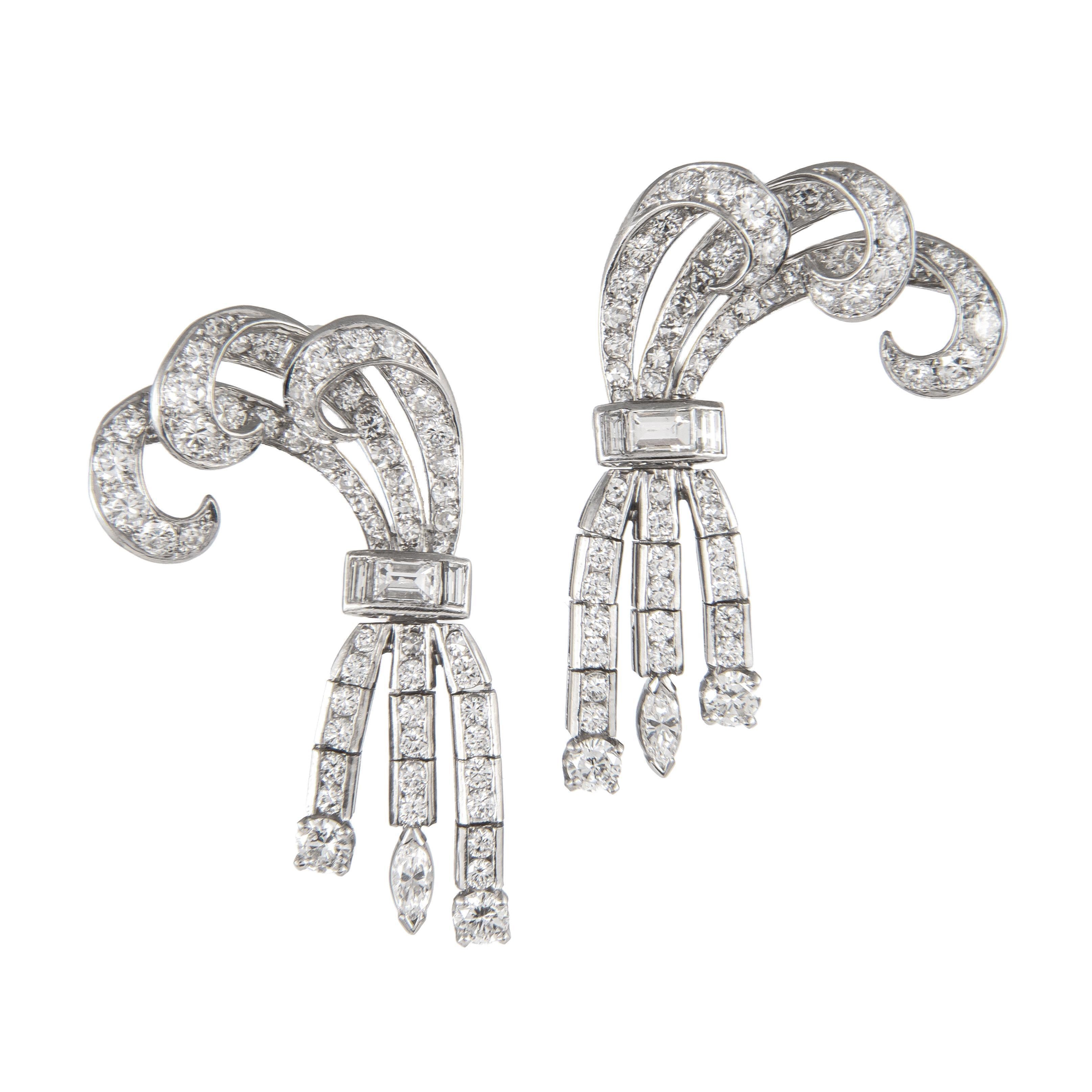 Round Cut Vintage 3.10ct Round, Baguette, & Marquise Diamond Ribbon Earrings Platinum For Sale