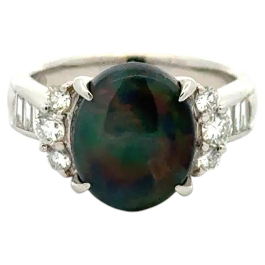 Vintage 3.12 Carat Oval Black Australian Opal and Diamond Platinum Ring For Sale