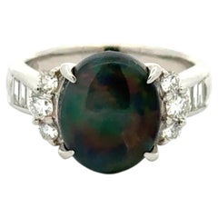 Vintage 3.12 Carat Oval Black Australian Opal and Diamond Platinum Ring