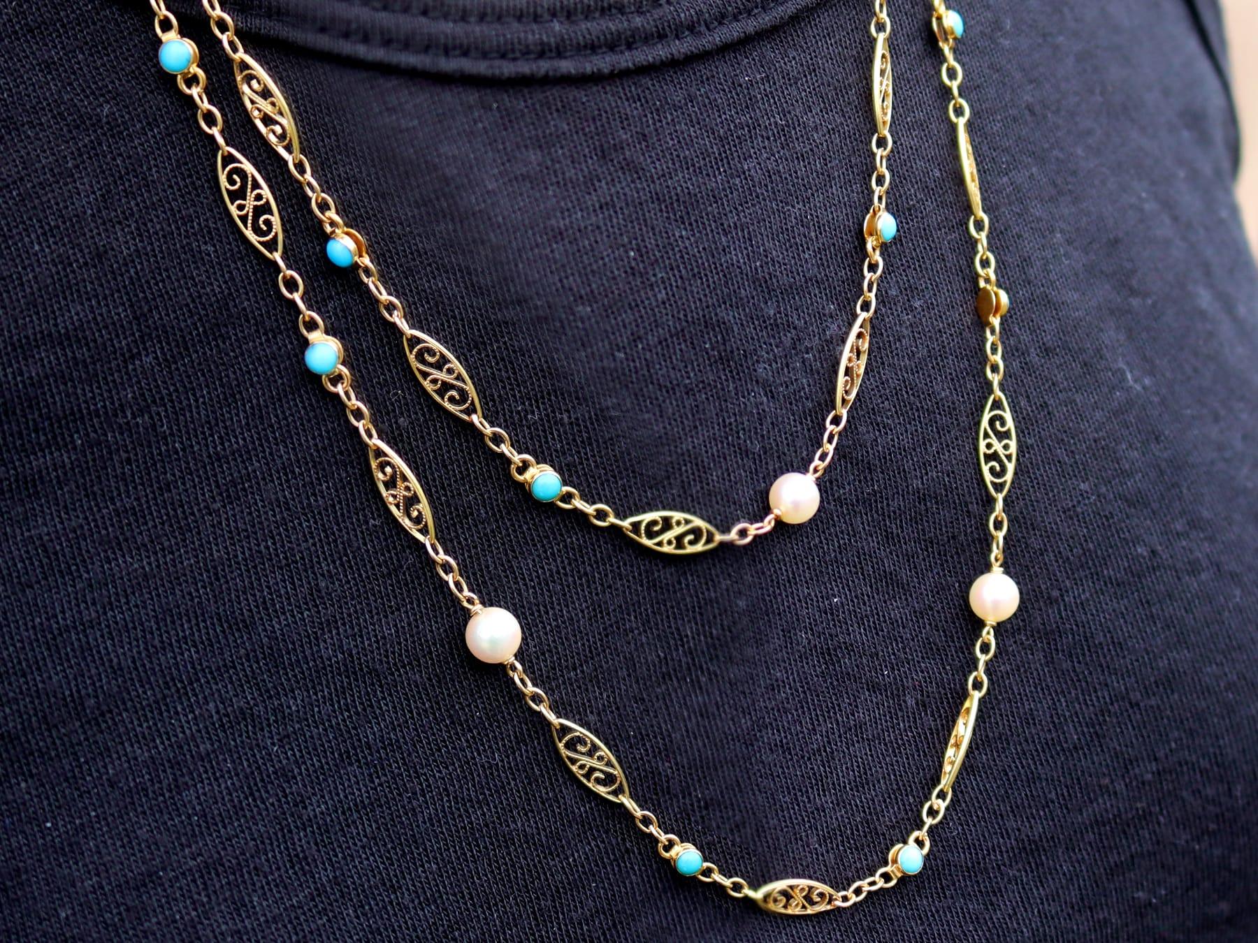 Vintage 3.12 Carat Turquoise and Cultured Pearl 18k Yellow Gold Longuard Chain For Sale 7