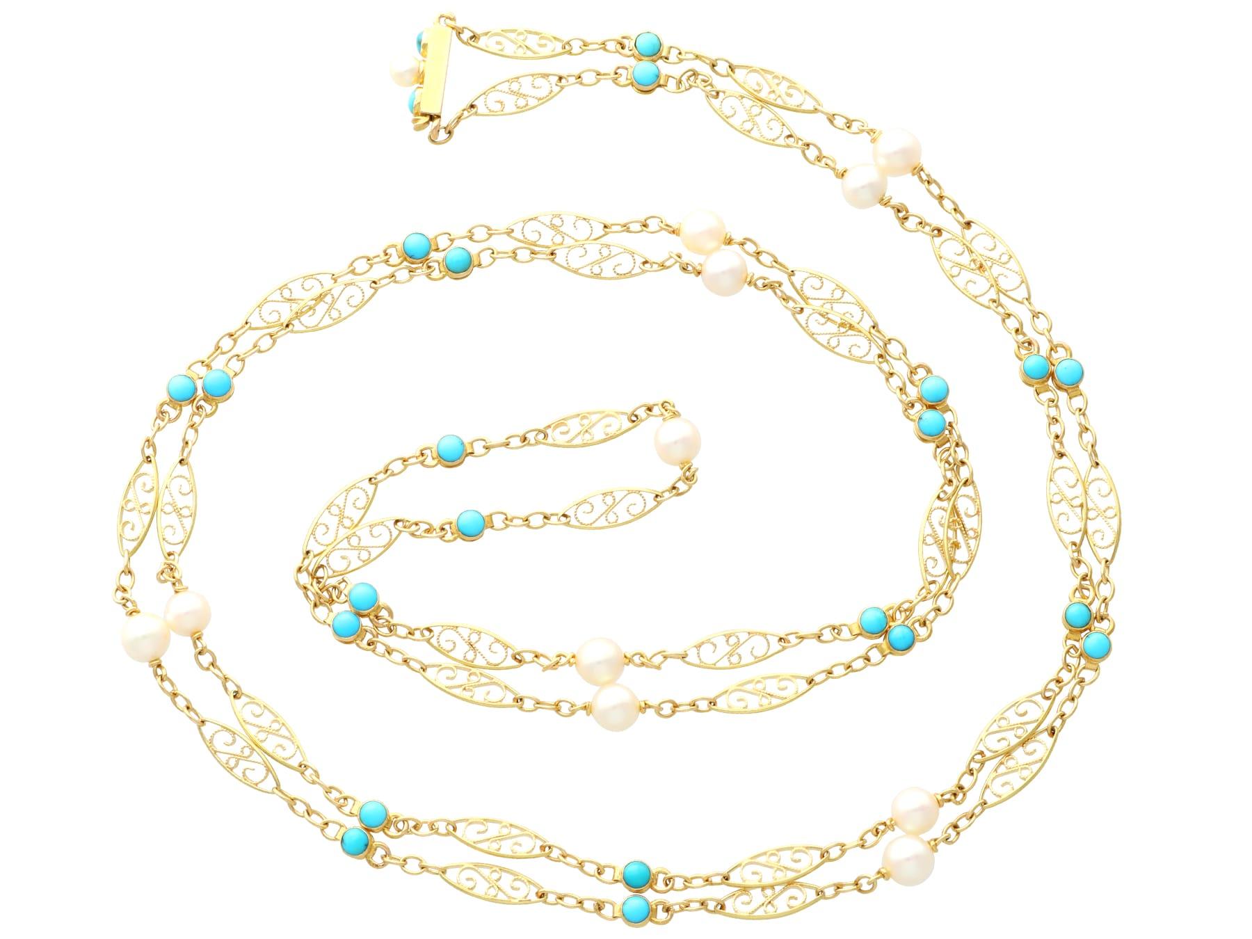 Bead Vintage 3.12 Carat Turquoise and Cultured Pearl 18k Yellow Gold Longuard Chain For Sale