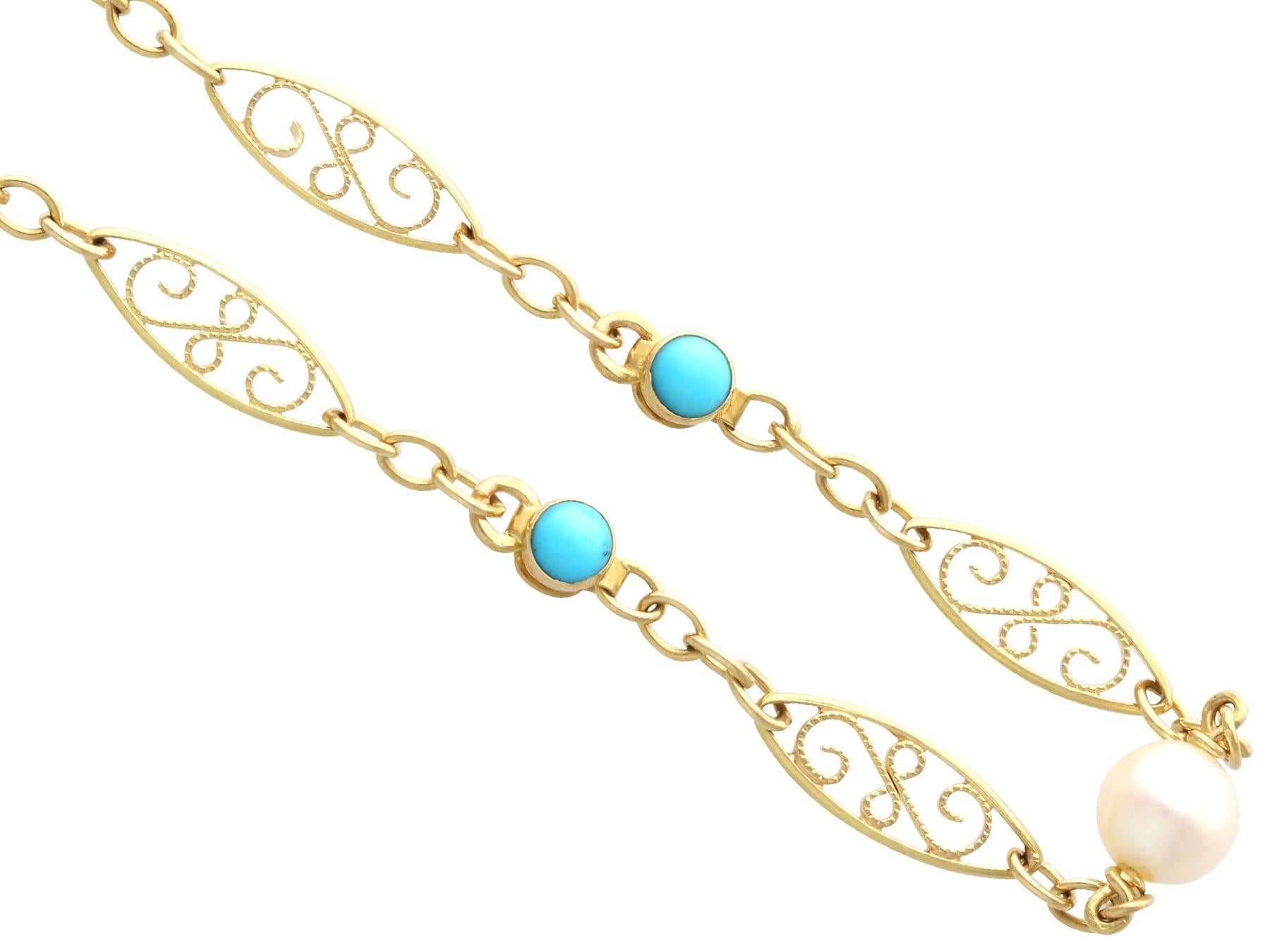 Vintage 3.12 Carat Turquoise and Cultured Pearl 18k Yellow Gold Longuard Chain In Excellent Condition For Sale In Jesmond, Newcastle Upon Tyne