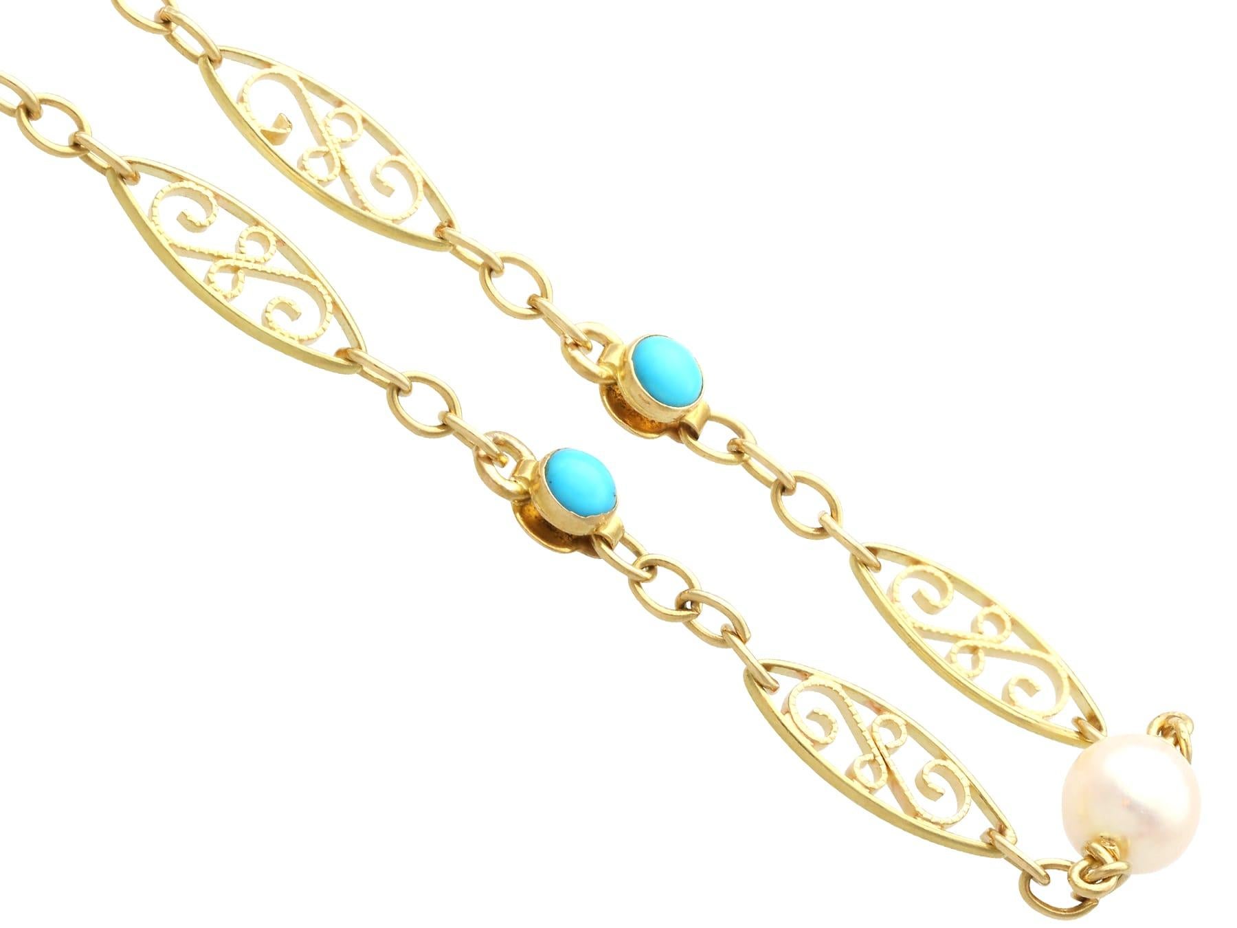 Women's or Men's Vintage 3.12 Carat Turquoise and Cultured Pearl 18k Yellow Gold Longuard Chain For Sale
