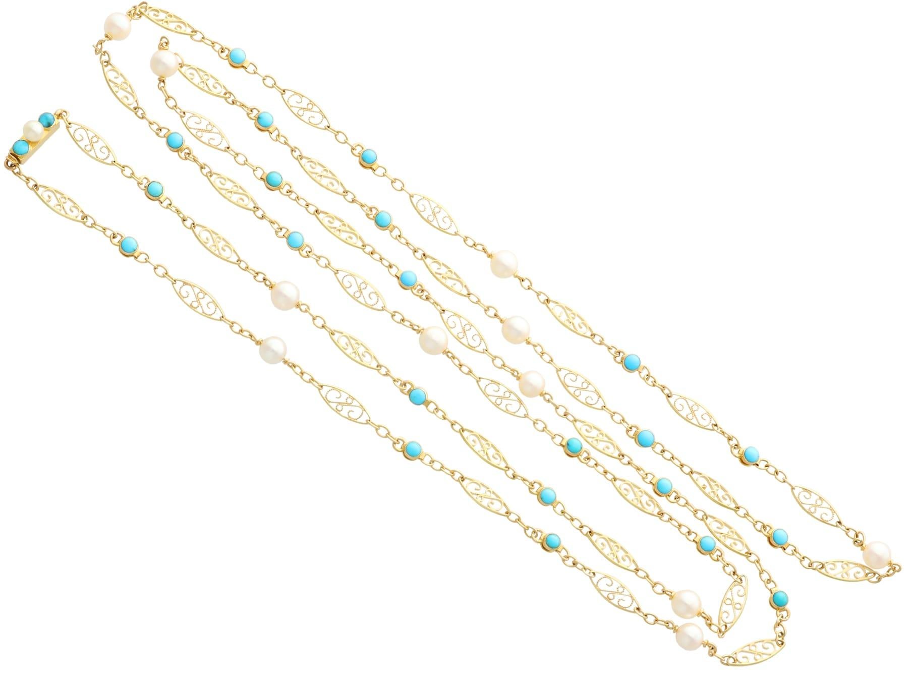 Vintage 3.12 Carat Turquoise and Cultured Pearl 18k Yellow Gold Longuard Chain For Sale 2