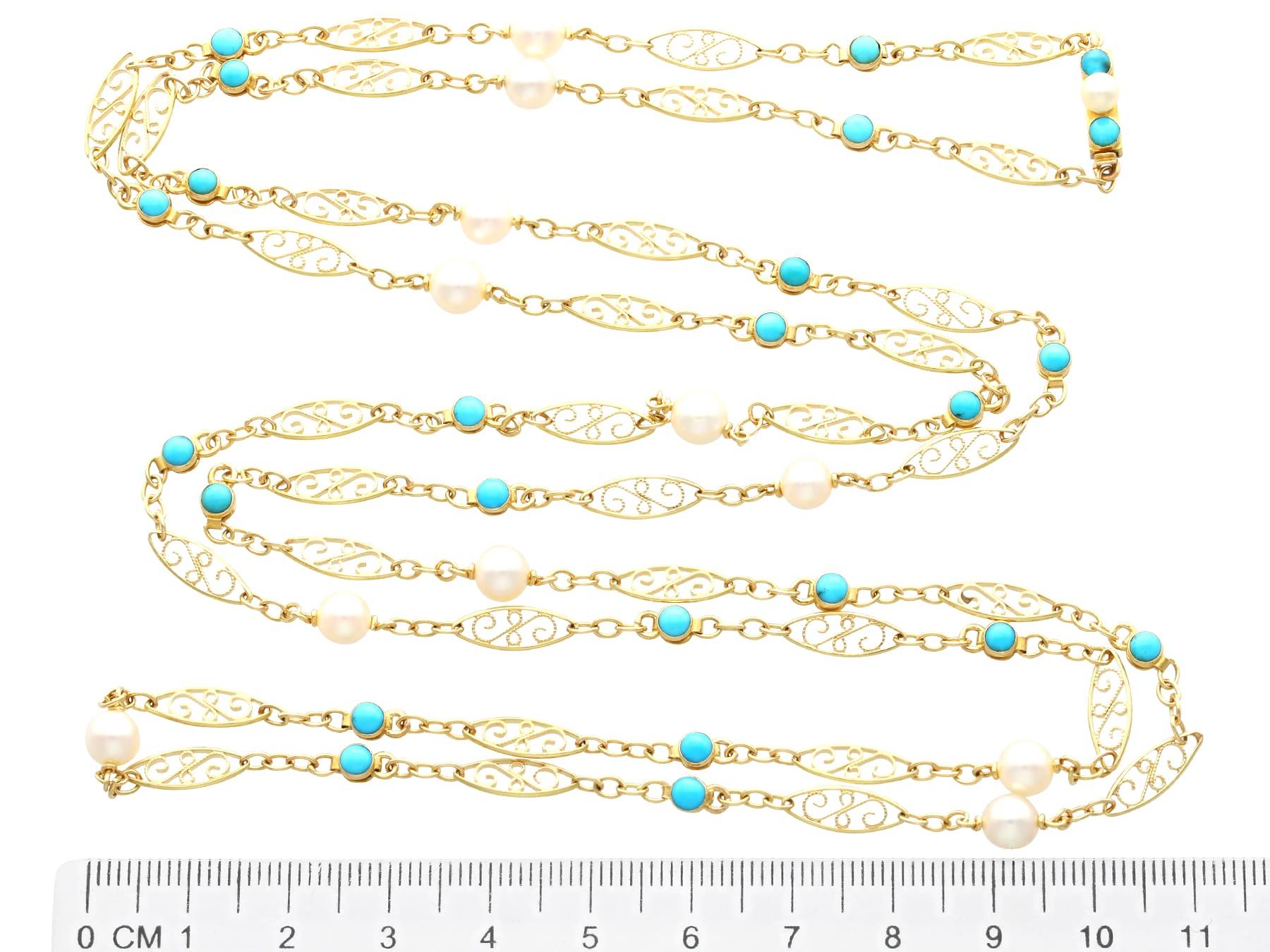 Vintage 3.12 Carat Turquoise and Cultured Pearl 18k Yellow Gold Longuard Chain For Sale 3