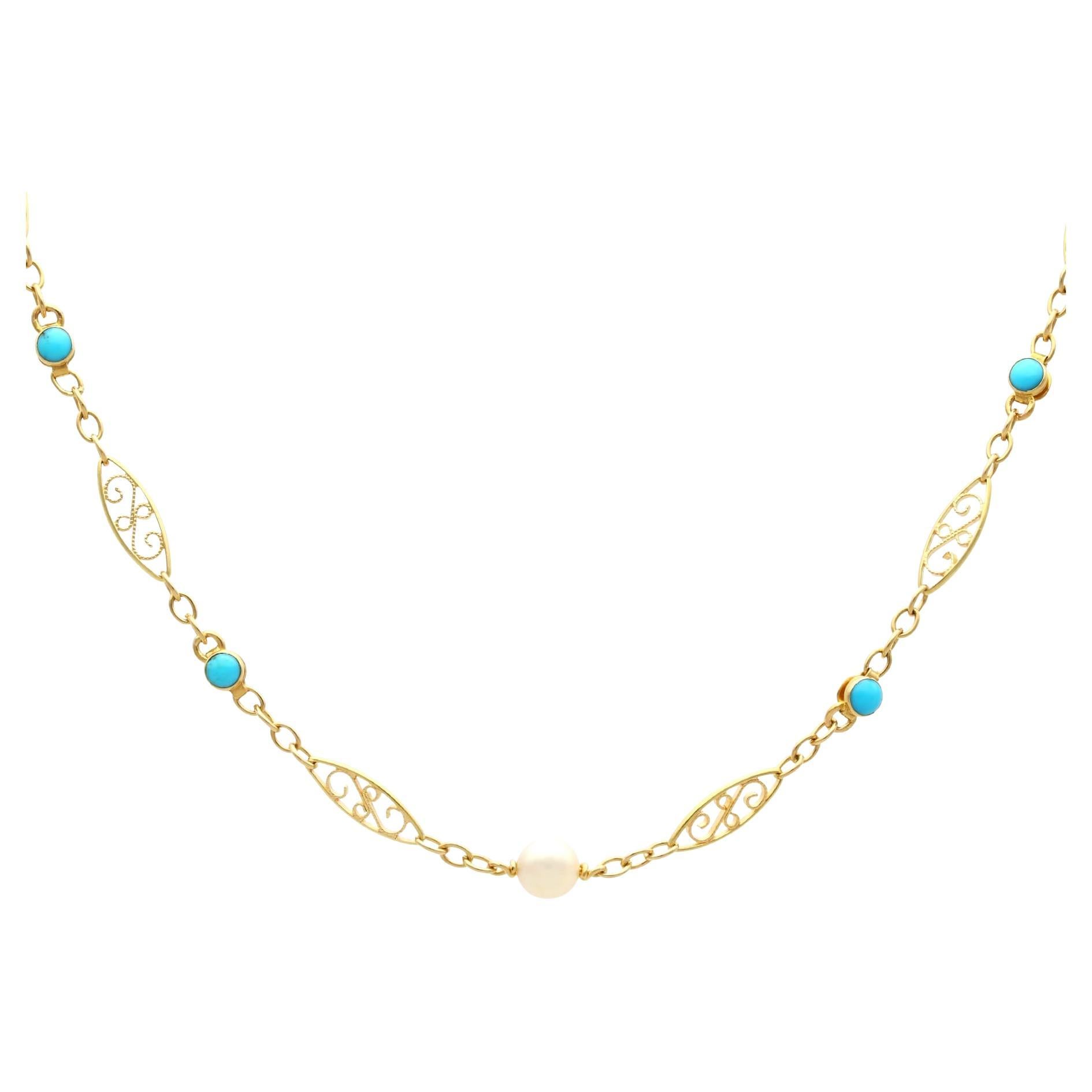 Vintage 3.12 Carat Turquoise and Cultured Pearl 18k Yellow Gold Longuard Chain