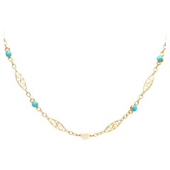 Retro 3.12 Carat Turquoise and Cultured Pearl 18k Yellow Gold Longuard Chain