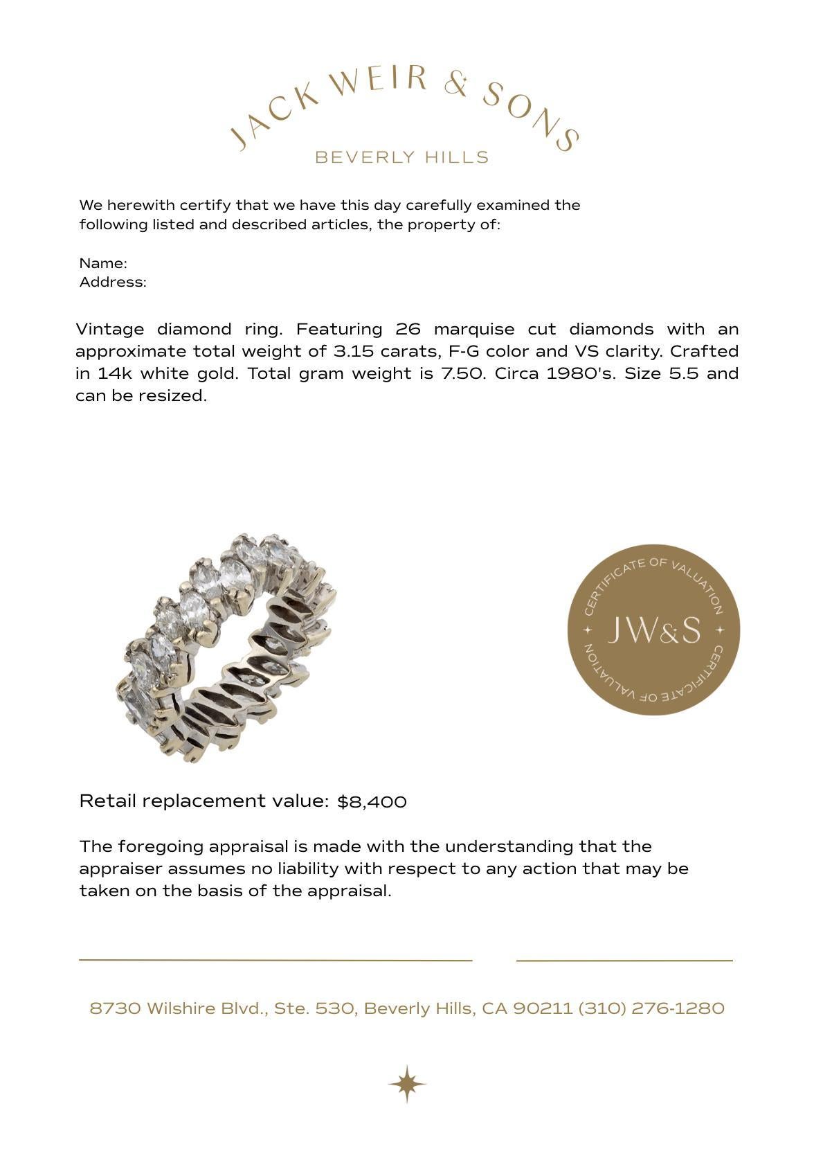 Anillo de la eternidad vintage de oro blanco de 14 quilates con diamante marquesa de 3,15 quilates en Bueno estado para la venta en Beverly Hills, CA
