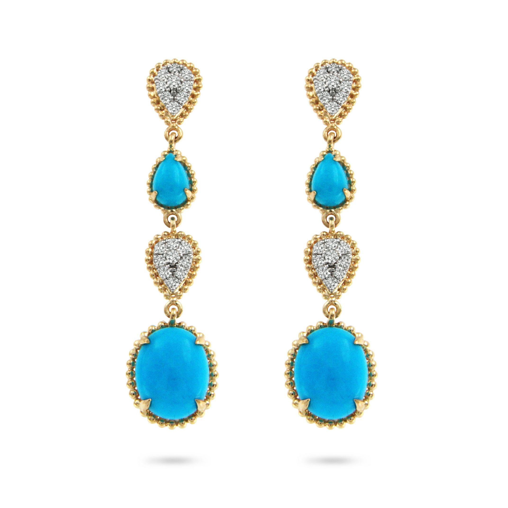 Crafted with elegance and sophistication, these 14-karat yellow gold drop earrings are a true testament to timeless luxury. Featuring a stunning combination of 3.18 carats of vibrant turquoise and 0.25 carats of brilliant diamonds, they exude a