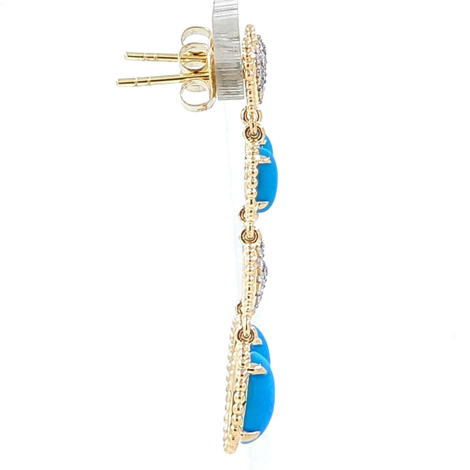 Cushion Cut Vintage 3.15Ct Sleeping Beauty Turquoise Diamond Drop Earrings in 14K Gold For Sale