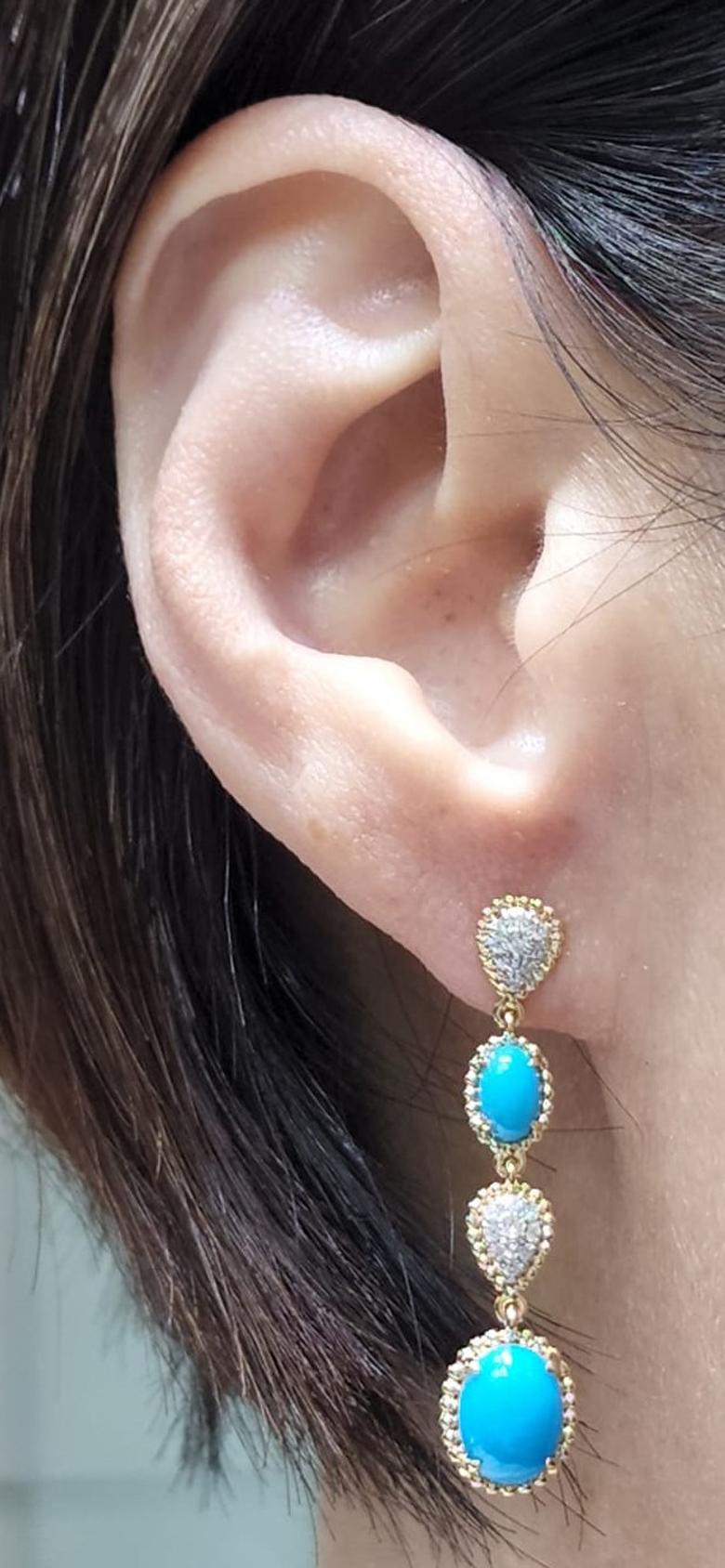 Vintage 3.15Ct Sleeping Beauty Turquoise Diamond Drop Earrings in 14K Gold For Sale 1