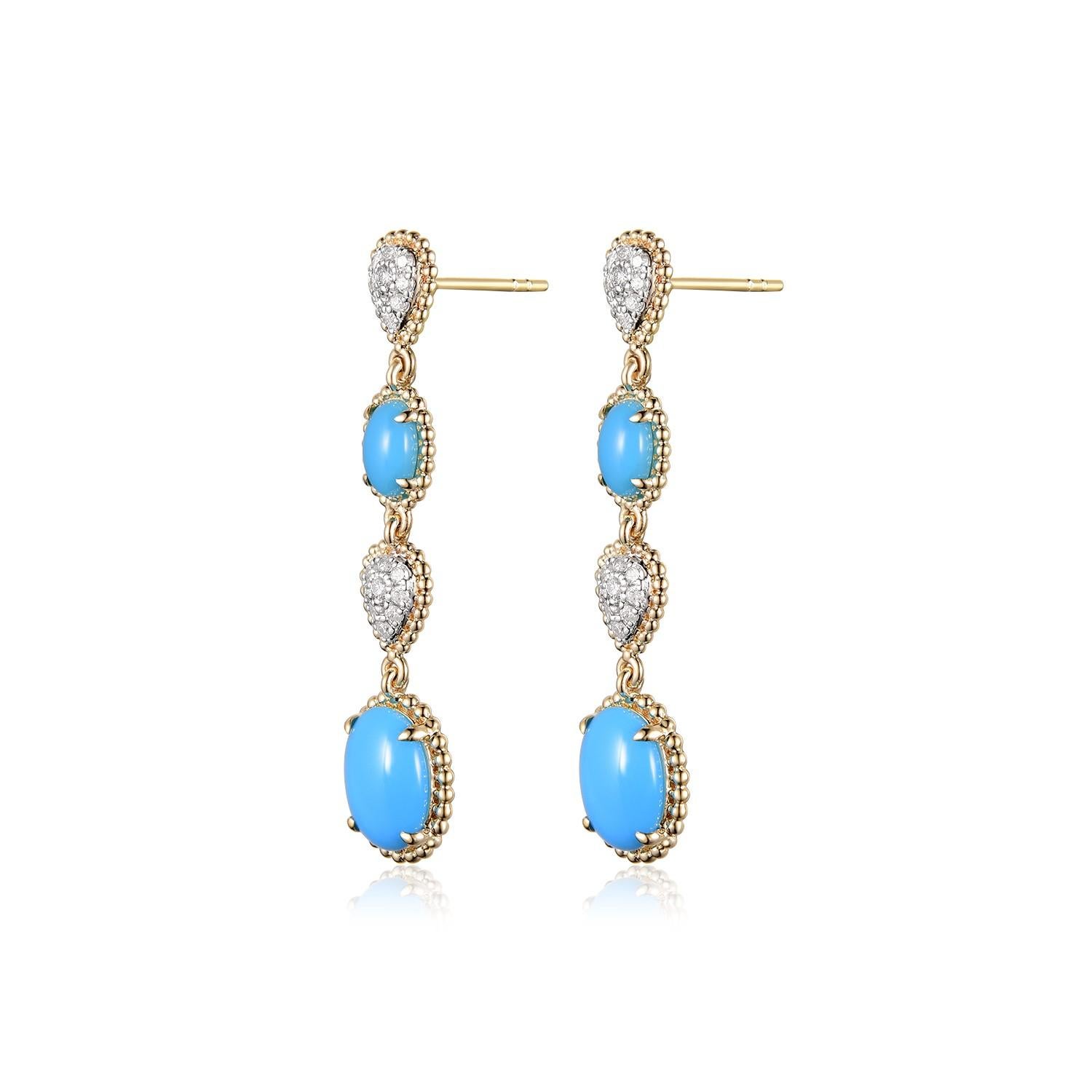 Vintage 3.15Ct Sleeping Beauty Turquoise Diamond Drop Earrings in 14K Gold For Sale 2