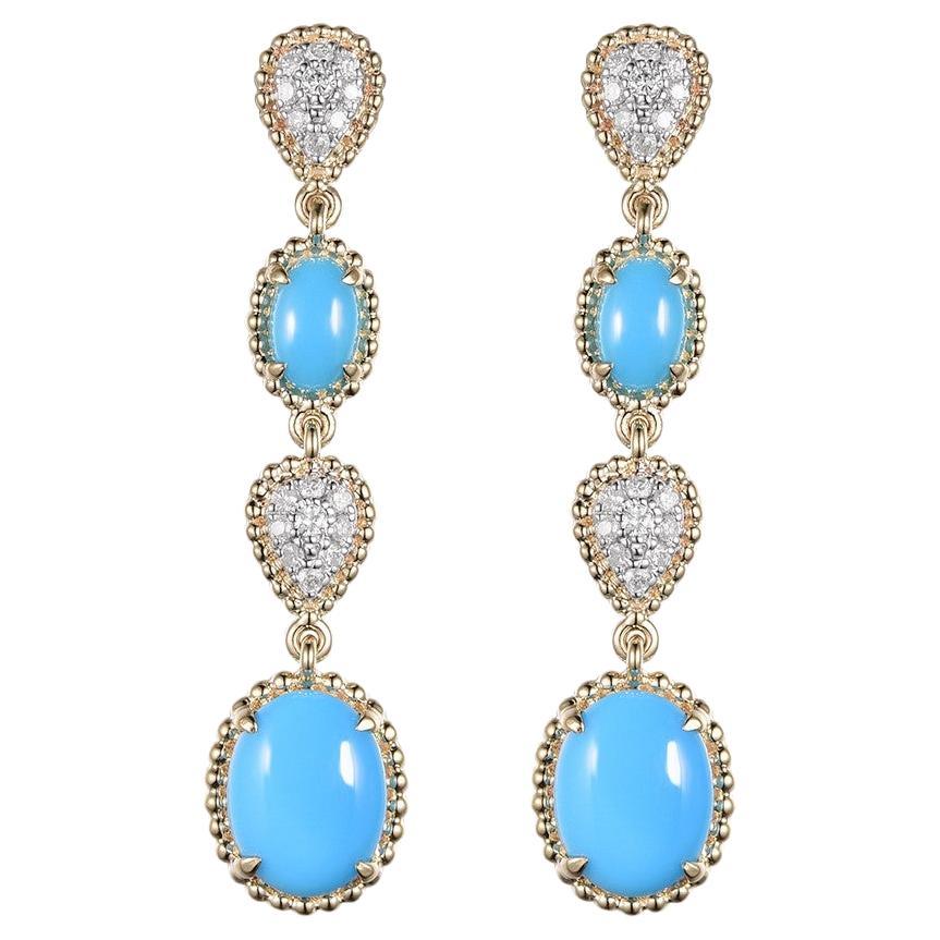 Vintage 3.15Ct Sleeping Beauty Turquoise Diamond Drop Earrings in 14K Gold