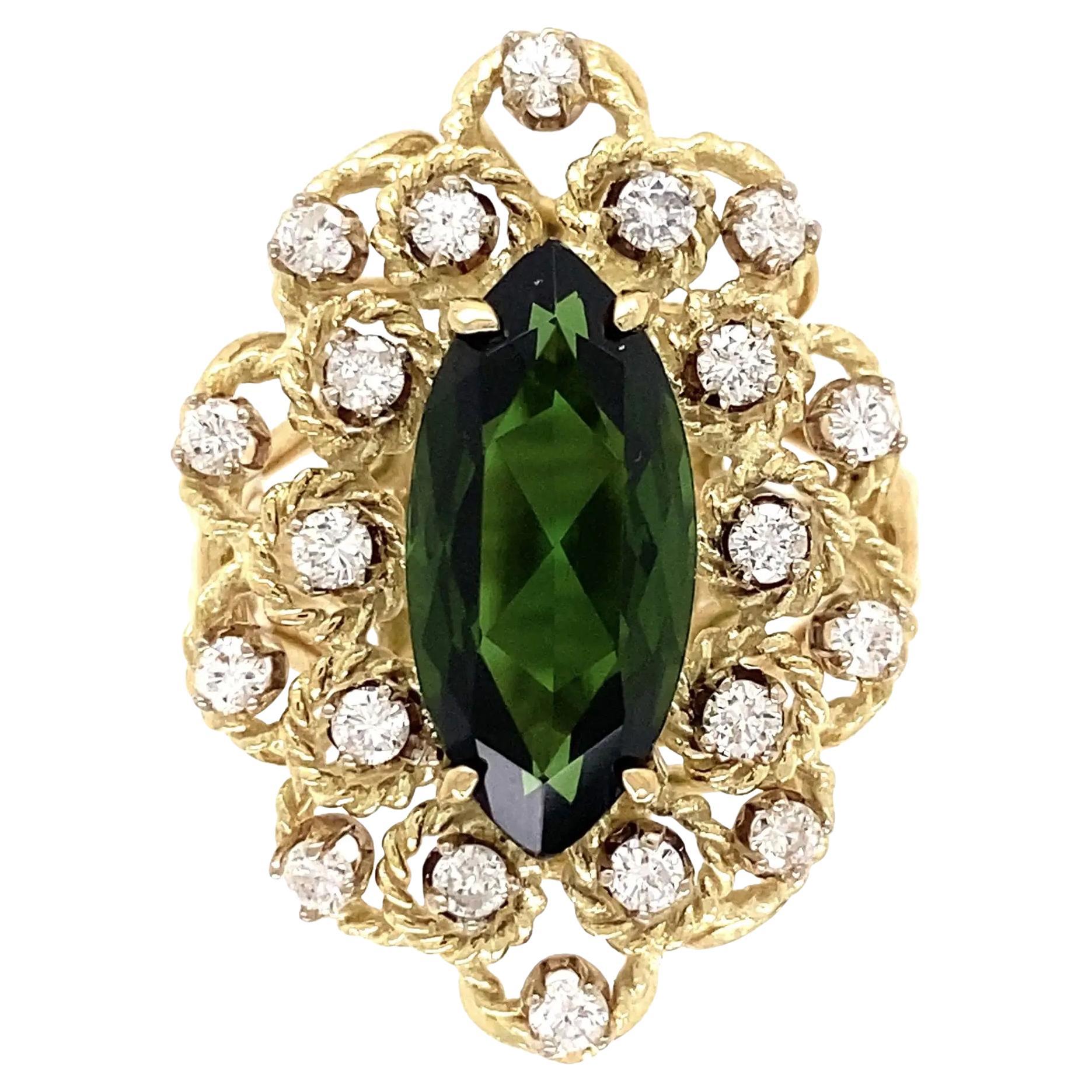 Vintage 3,17 Karat Marquis Grüner Turmalin und Diamant Gold Cocktail Ring