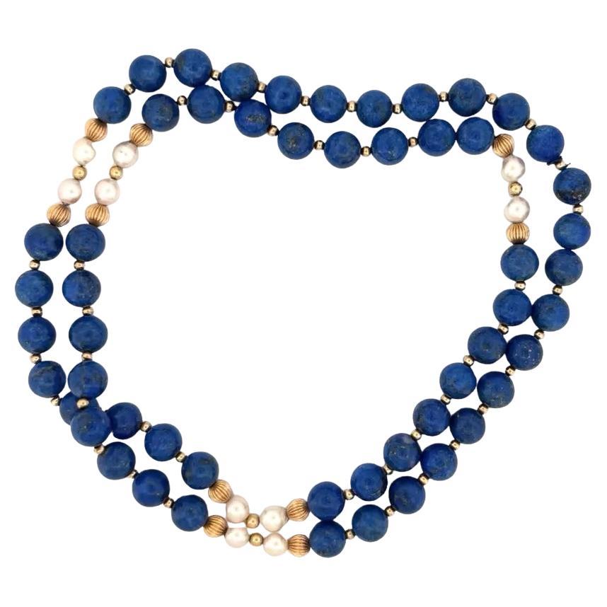Vintage 32" Endless Lapis, Akoya Pearl & 14K Gold Beaded Necklace For Sale