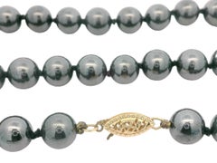 Vintage 32" Long Bead Ball Hematite Strand Necklace w/ 14k Yellow Gold Clasp