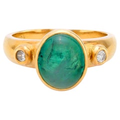 Anillo vintage de oro amarillo de 18k con esmeralda cabujón de diamante de 3,20 quilates