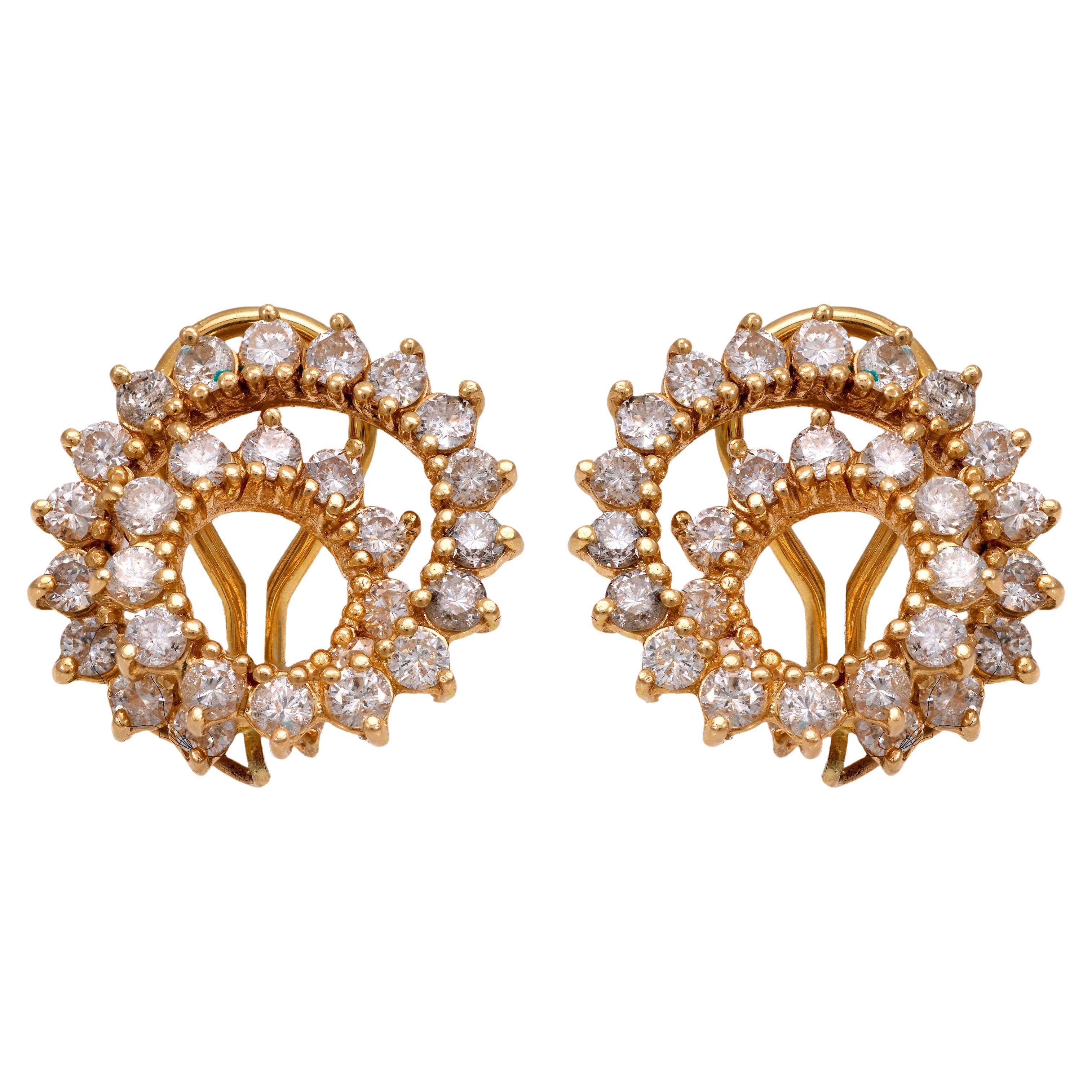 Vintage 3.20 carat total weight diamond 14k yellow gold swirl earrings