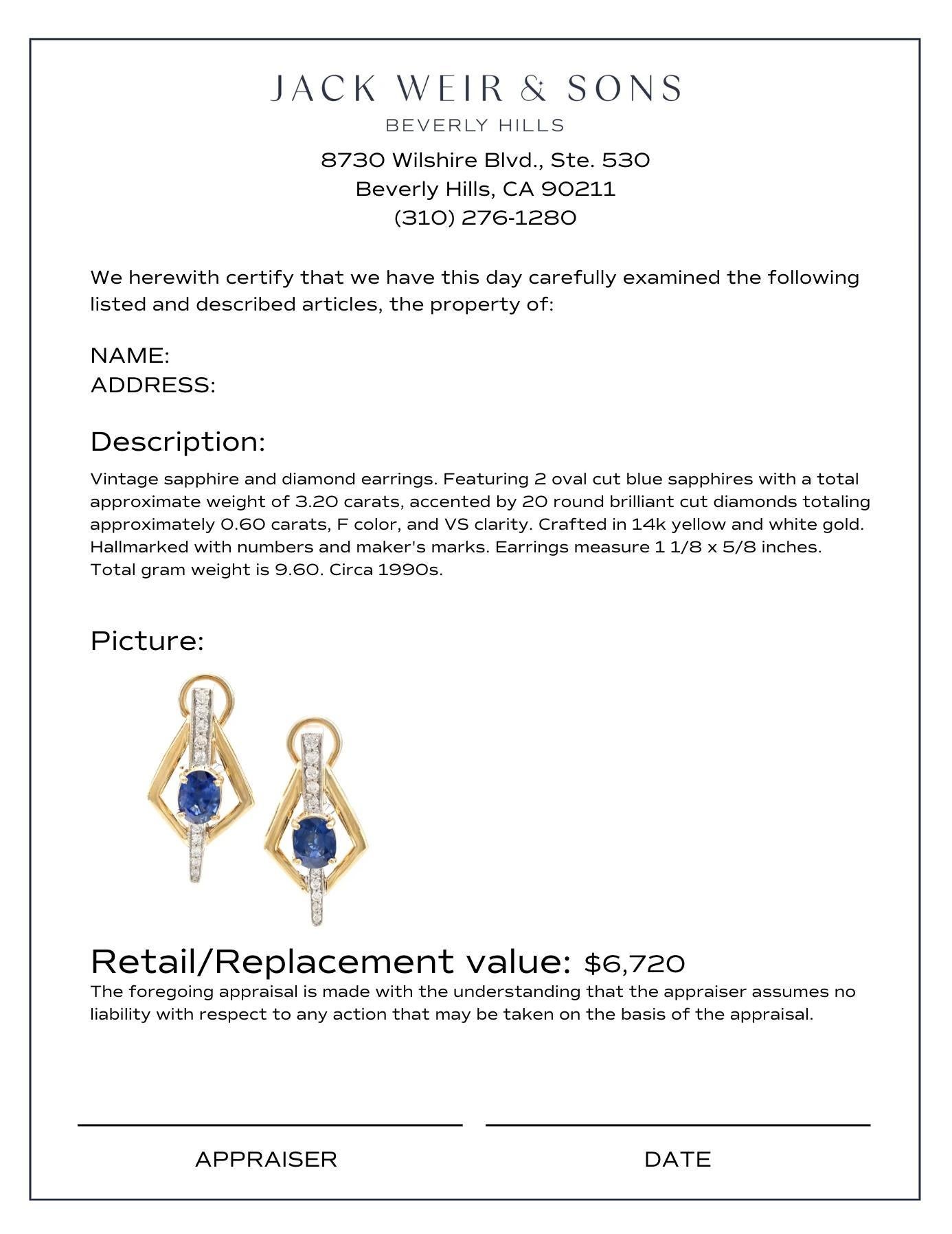 Vintage 3.20 carat total weight sapphire diamond 14k gold earrings In Excellent Condition For Sale In Beverly Hills, CA