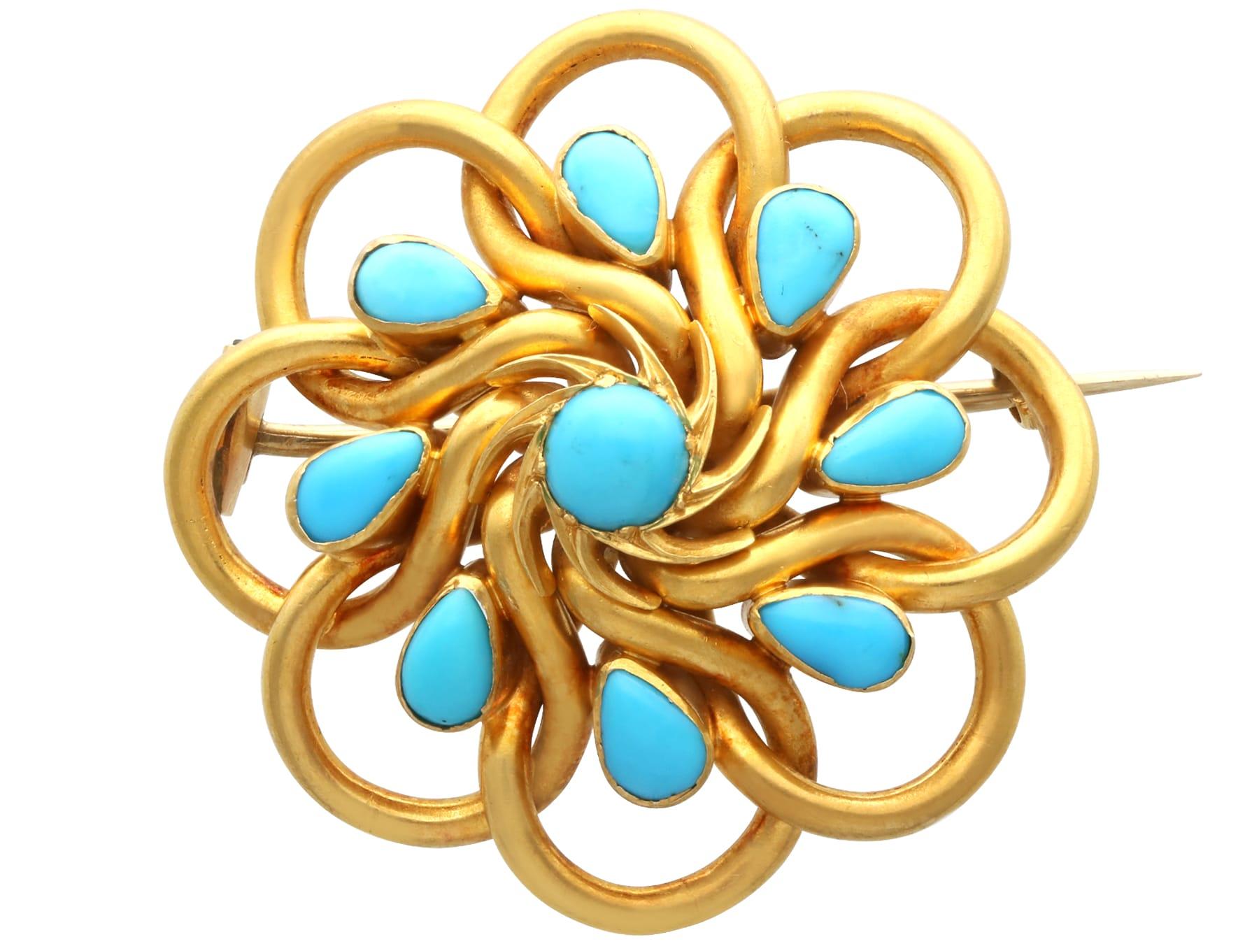 Vintage 3.20 Carat Turquoise and 22k Yellow Gold Brooch Circa 1880 1
