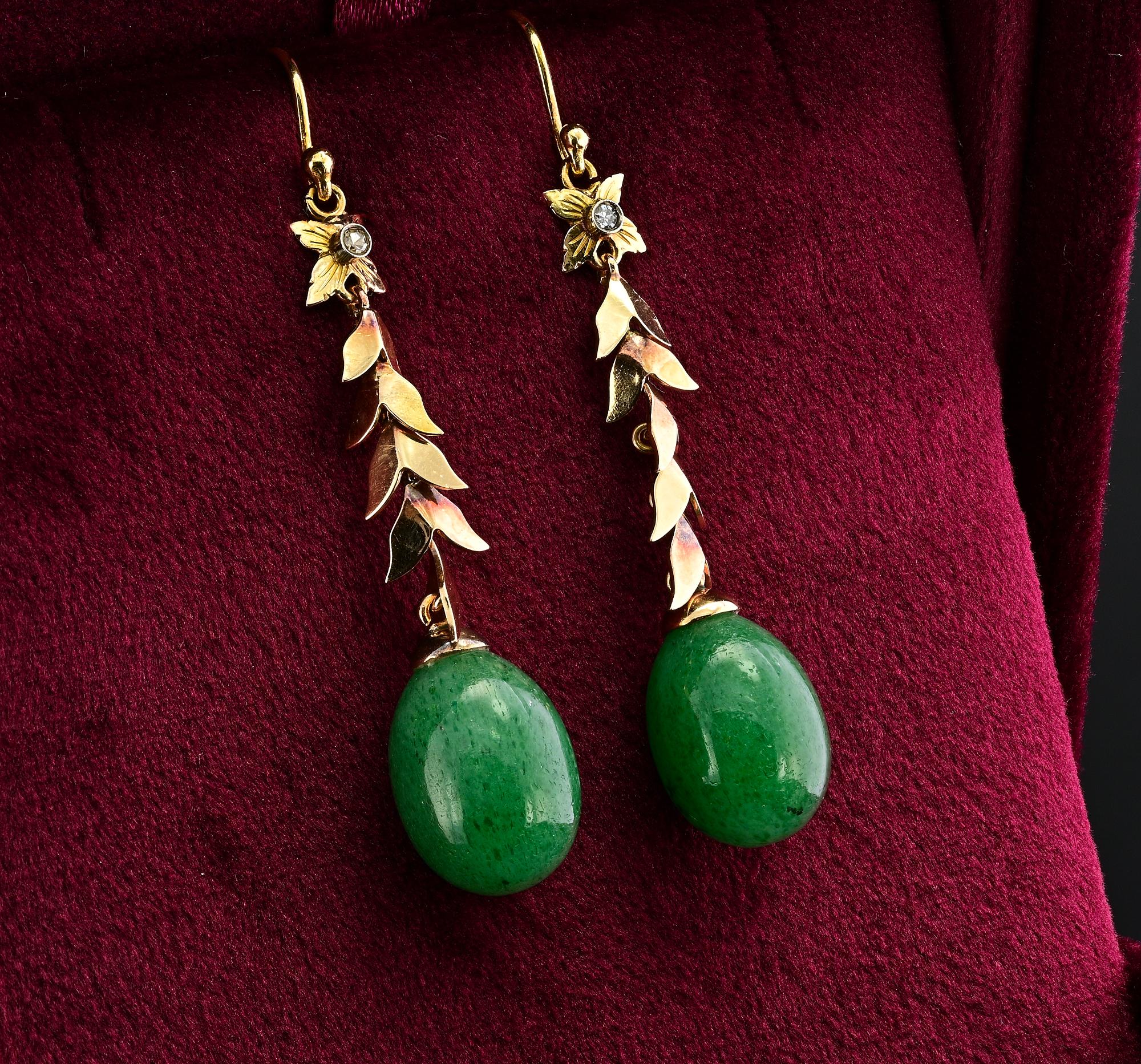 Vintage 32.0 Ct Green Aventurine Diamond Drop Earrings 18 KT In Good Condition For Sale In Napoli, IT