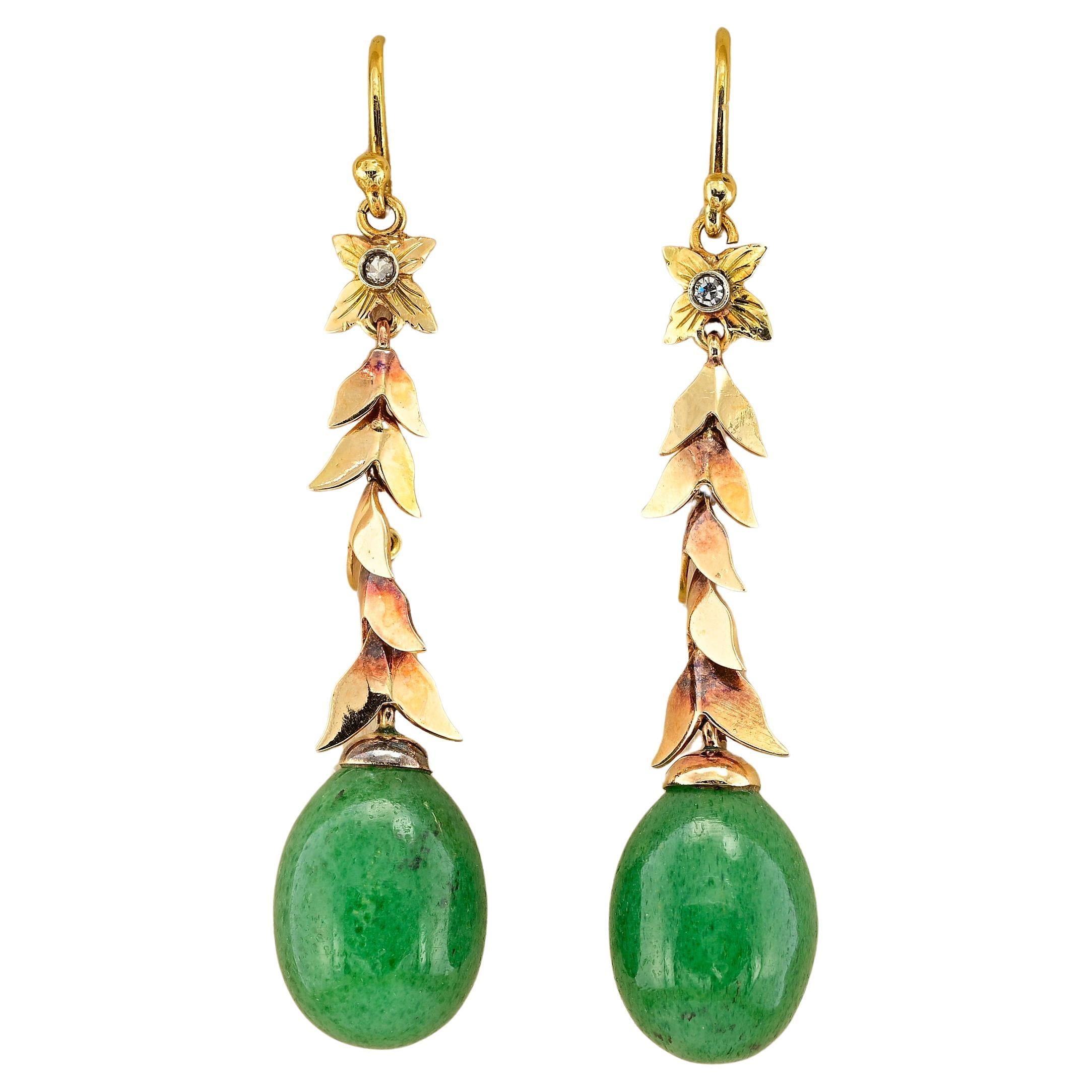 Vintage 32.0 Ct Green Aventurine Diamond Drop Earrings 18 KT