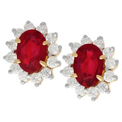 Vintage 3.20Ct Ruby and Diamond Yellow Gold Cluster Earrings, Circa 1990