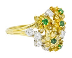 Vintage 3.21 Carat Yellow and White Diamond Emerald 18 Karat Gold Cluster Ring