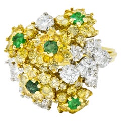 Retro 3.21 Carat Yellow and White Diamond Emerald 18 Karat Gold Cluster Ring