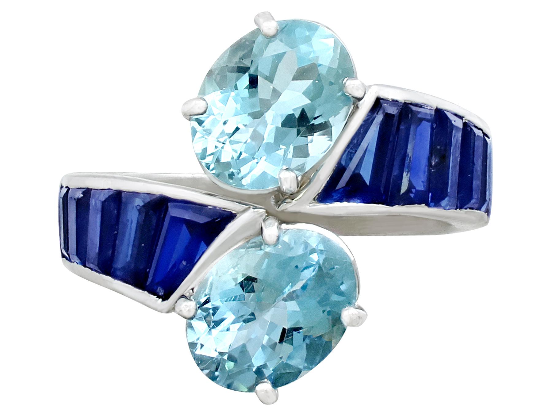 Baguette Cut Vintage 3.22 Carat Aquamarine 2.05 Carat Sapphire Platinum Twist Ring