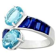 Vintage 3.22 Carat Aquamarine 2.05 Carat Sapphire Platinum Twist Ring