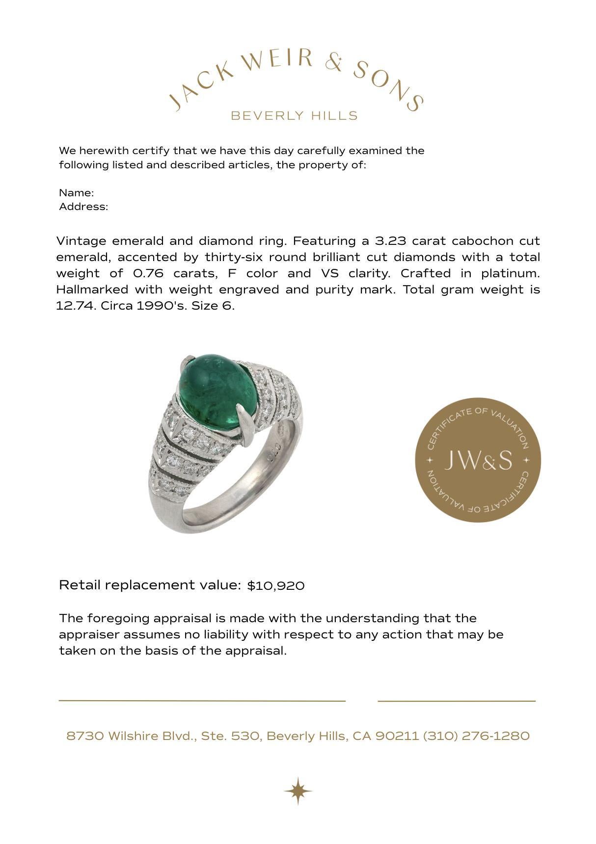 Anillo de cóctel vintage de esmeralda y diamante en platino de 3,23 quilates en Bueno estado para la venta en Beverly Hills, CA