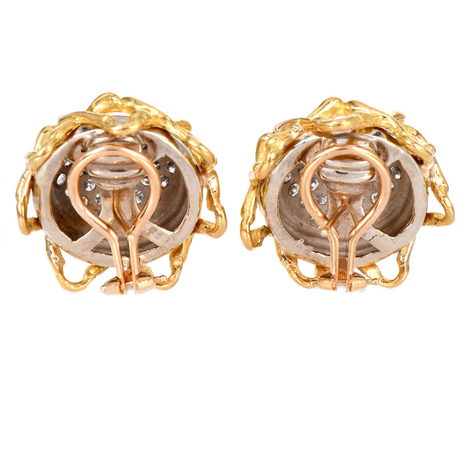 Taglio rotondo Orecchini d'epoca con motivo a girasole in oro 18 carati e diamante da 3,25 carati in vendita